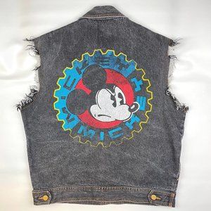 VTG Disney Mickey Mouse Jean Jacket Denim Vest Sz M Punk Rock Double Sided 90s